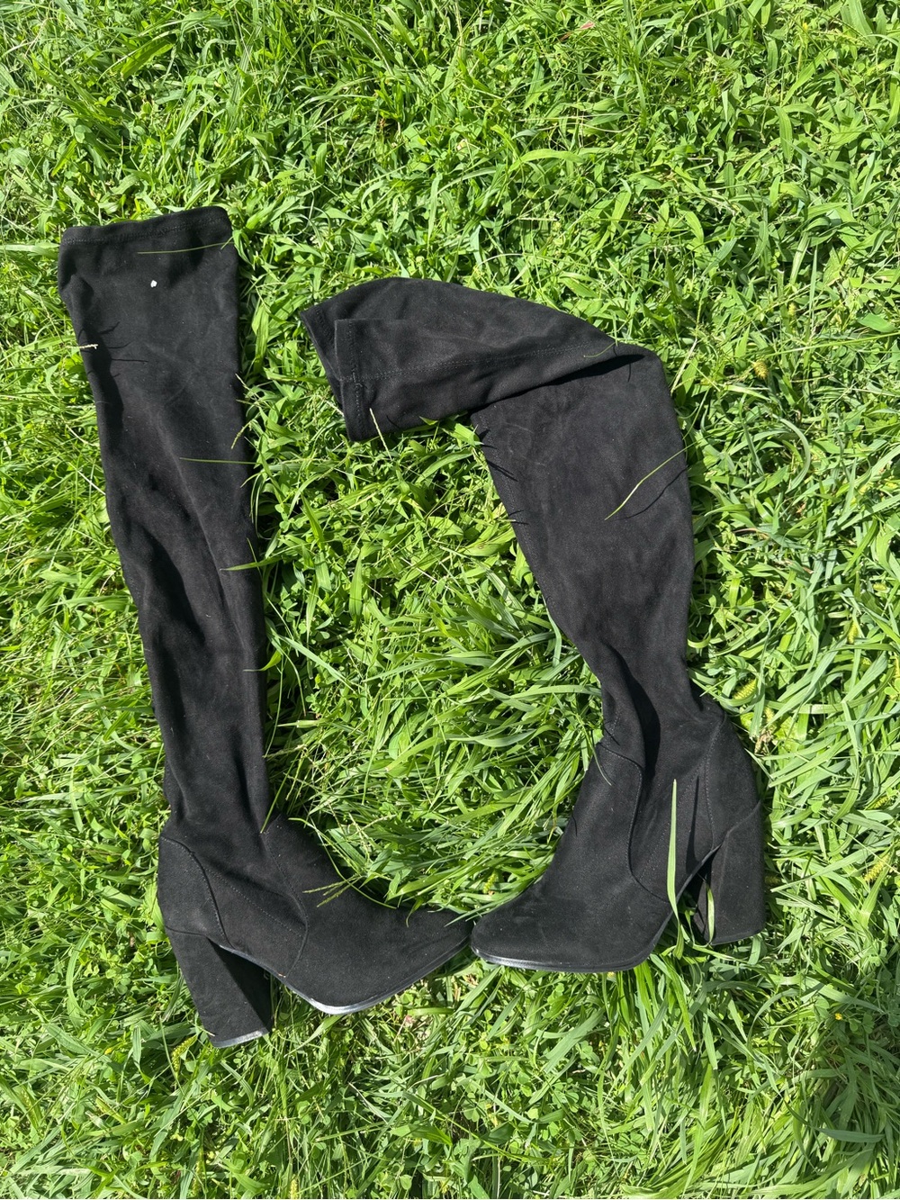 Over-the-Knee Black Suede Block Heel Boots - Women's
